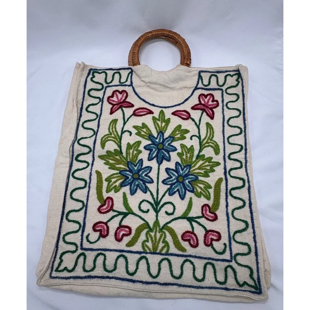 Vintage Boho Embroidered Floral Artisan Tote Bag Round Woven Handle Canvas Purse